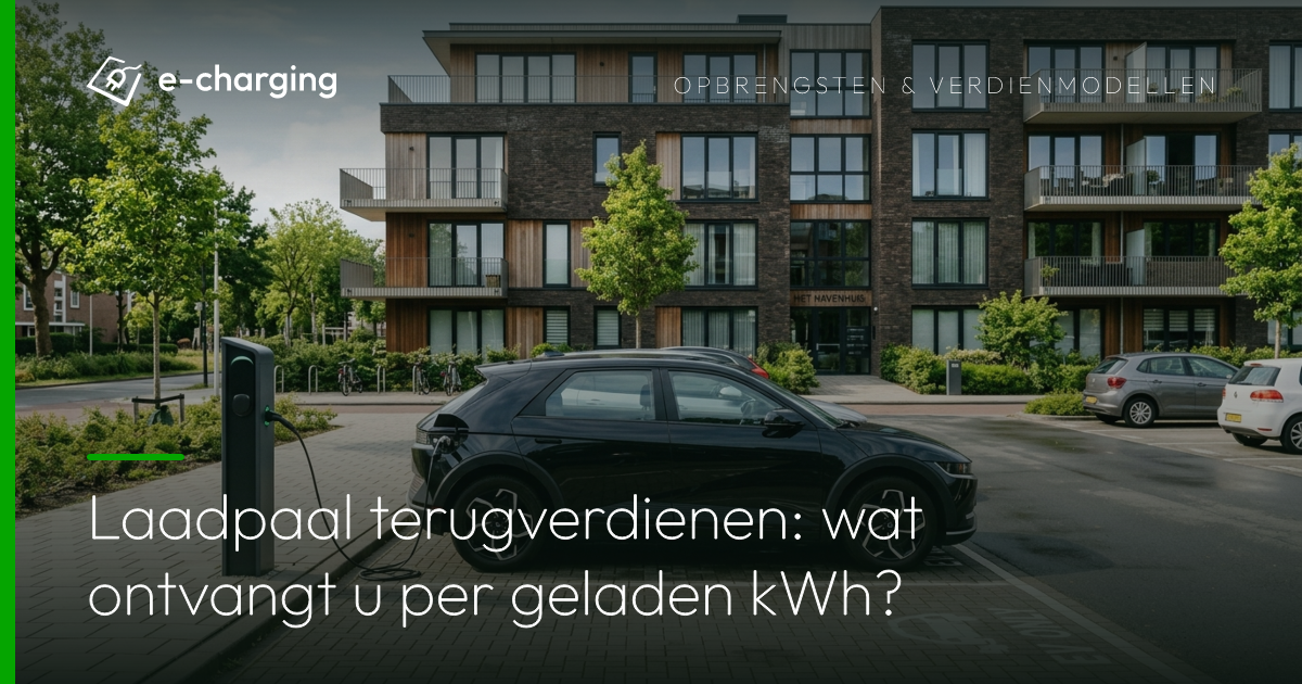 Laadpaal bij appartementengebouw waar elektrische auto oplaadt, relevant voor laadpaal terugverdienen en opbrengsten per kWh