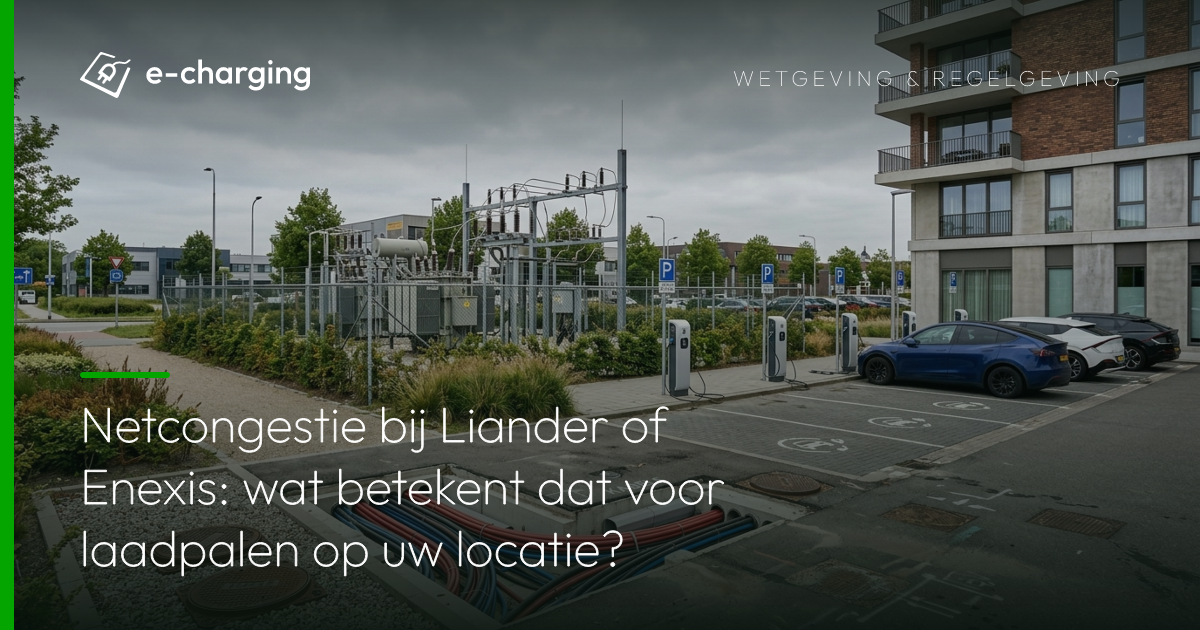 Elektriciteitsnetwerk en laadpalen bij een Nederlands bedrijventerrein, netcongestie in het stroomnet