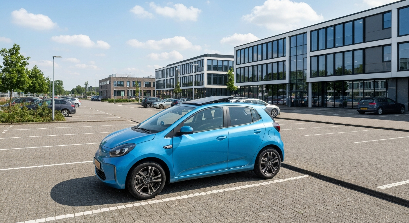 Laadpaal subsidie voor bedrijven en VvE's: moderne laadpalen bij Nederlands kantoorpand met elektrische auto's en zonnepanelen