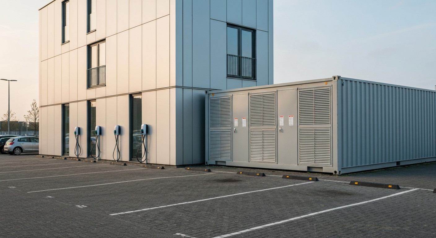 Batterijopslagsysteem naast laadinfrastructuur op bedrijfsterrein ter voorkoming van netcongestie bij bedrijf