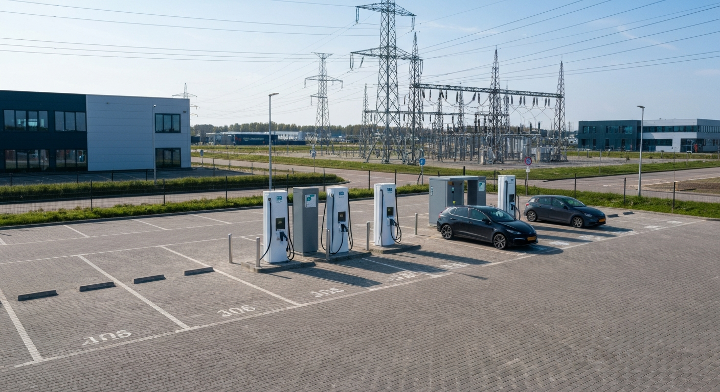 Laadstations voor elektrische auto's op bedrijfsparkeerplaats met hoogspanningsleidingen en elektriciteitsstation op de achtergrond, illustratie bij netcongestie in Nederland