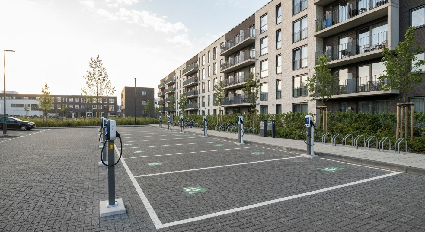 Laadpalen voor elektrische auto's op parkeerterrein bij appartementencomplex, relevant voor laadinfrastructuur subsidie voor VvE's