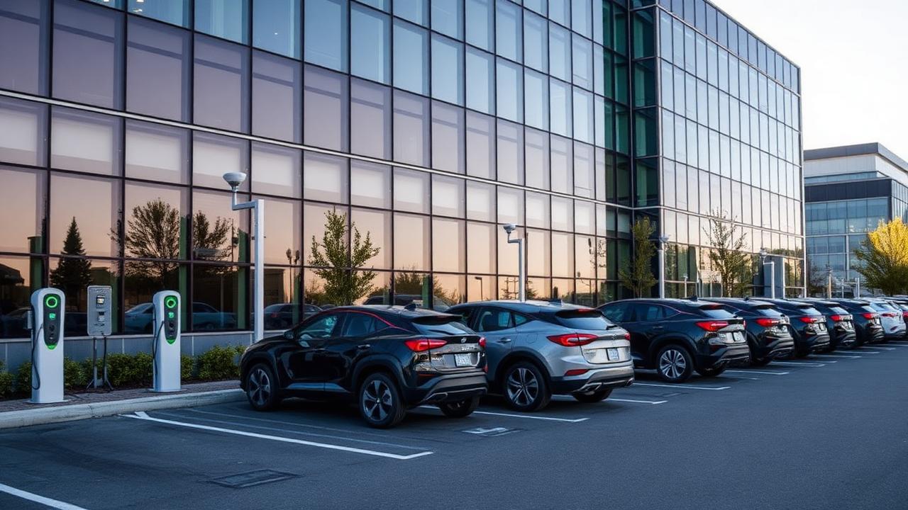Modern kantoorpand met laadpalen op de parkeerplaats