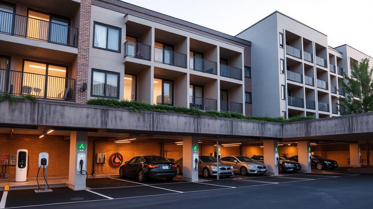 Appartementencomplex met laadpalen in parkeergarage