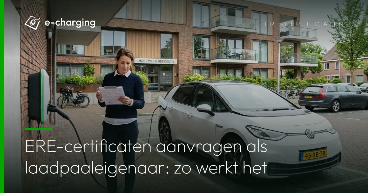 Vastgoedbeheerder bij laadpaal controleert documenten voor het aanvragen van ERE-certificaten