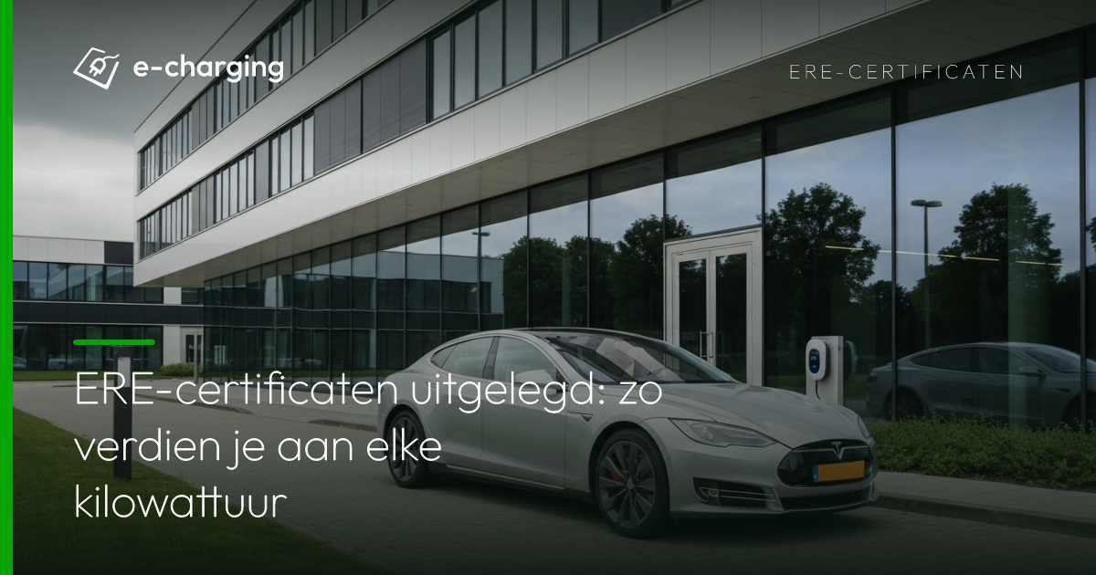 Elektrische auto laadt op bij een laadpaal voor een modern Nederlands kantoorgebouw met glazen gevel