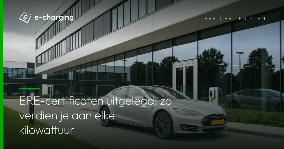Elektrische auto laadt op bij een laadpaal voor een modern Nederlands kantoorgebouw met glazen gevel