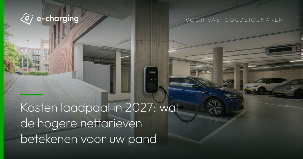 Laadpaal voor elektrische auto in parkeergarage van appartementencomplex, relevant voor kosten laadpaal en nettarieven voor vastgoedeigenaren