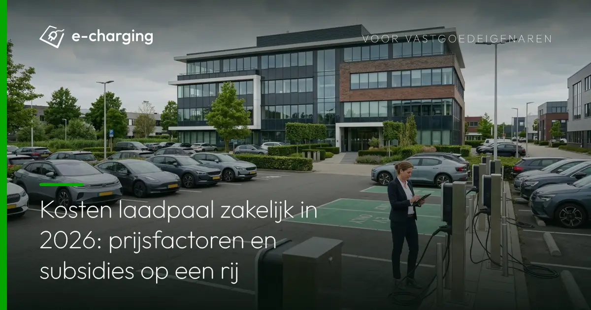 Laadpalen op parkeerterrein bij kantoorpand, voorbeeld van kosten laadpaal zakelijk voor vastgoedeigenaren
