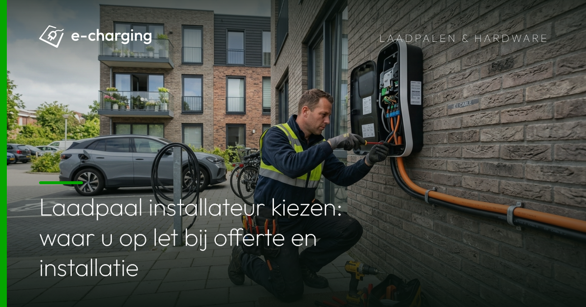 Elektricien installeert laadpaal aan gevel van appartementengebouw voor elektrische auto