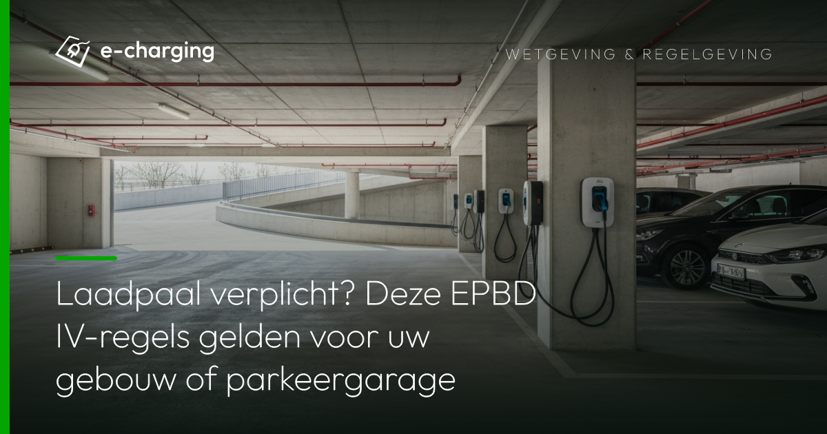Laadpalen voor elektrische auto's in ondergrondse parkeergarage van een bedrijfsgebouw, verplicht volgens EPBD IV-regelgeving