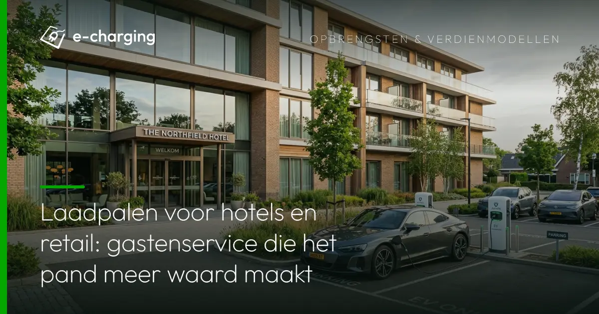 Laadpalen hotel bij parkeerplaats voor gasten van een modern hotelpand met elektrische auto in oplaadstation