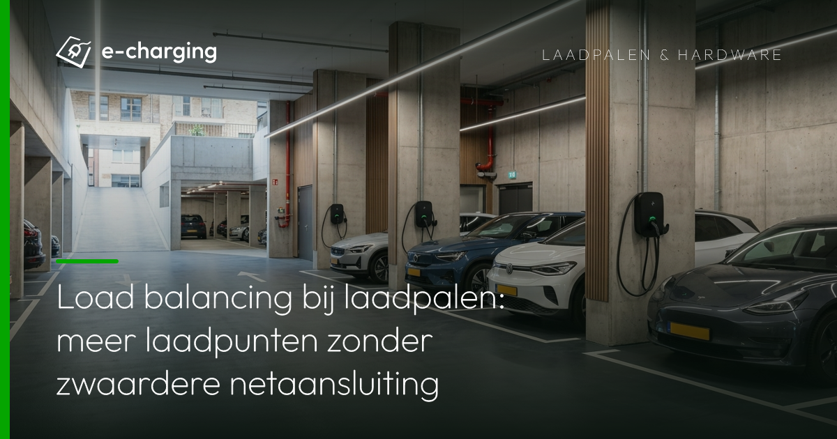 Rij laadpalen met load balancing in parkeergarage van appartementencomplex, meerdere elektrische auto's laden tegelijk zonder zwaardere netaansluiting
