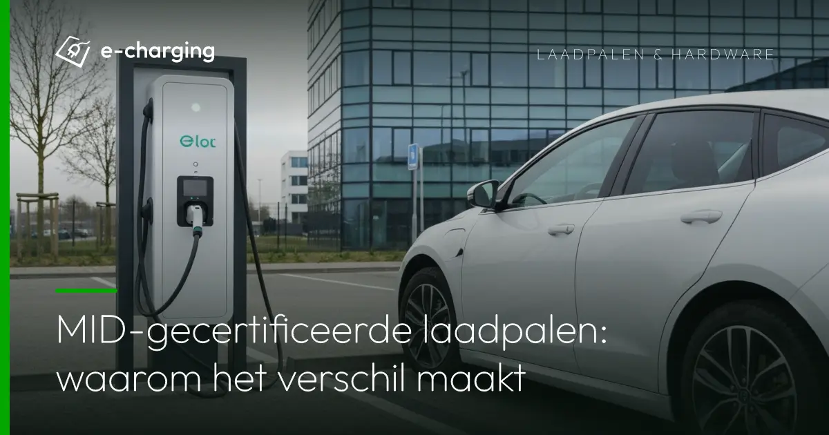 Moderne laadpaal met laadkabel aangesloten op elektrische auto op bedrijfsparkeerterrein bij kantoorgebouw