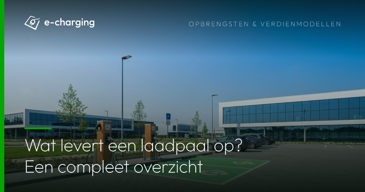 Moderne laadpalen op een bedrijfsparkeerplaats met elektrische auto's voor een kantoorgebouw in daglicht