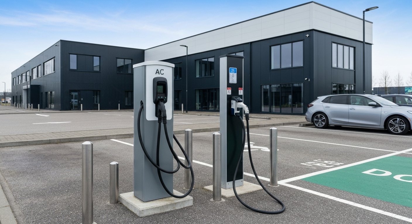 Compacte AC-laadpaal naast een grotere DC-snellader op een moderne Nederlandse bedrijfsparkeerplaats met elektrische auto in daglicht