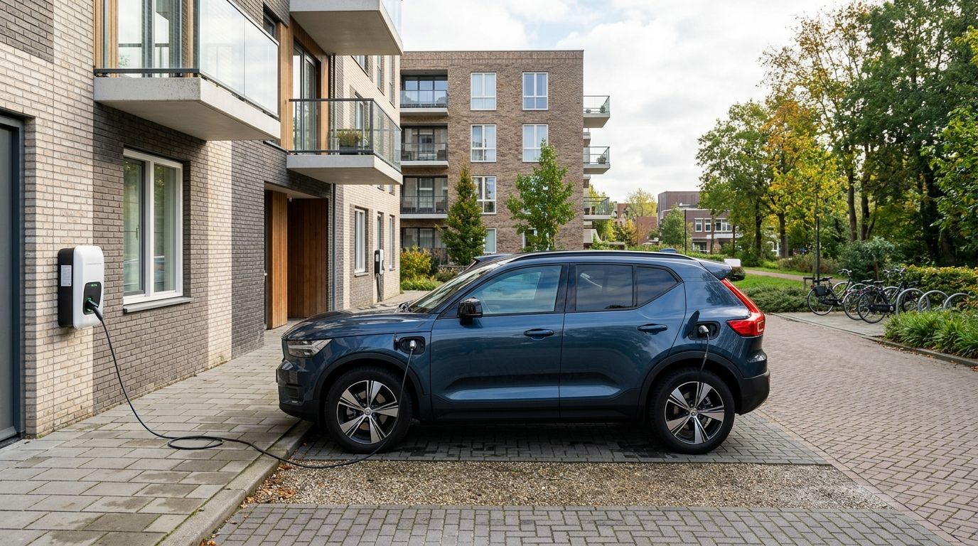 Elektrische auto aangesloten op bidirectionele laadpaal bij appartementencomplex, voorbeeld van bidirectioneel laden voor vastgoedeigenaren