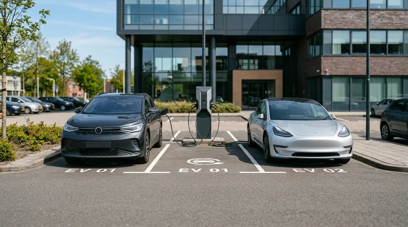 Dubbele laadpaal zakelijk op parkeerterrein bij bedrijfspand met twee elektrische auto's die tegelijk opladen