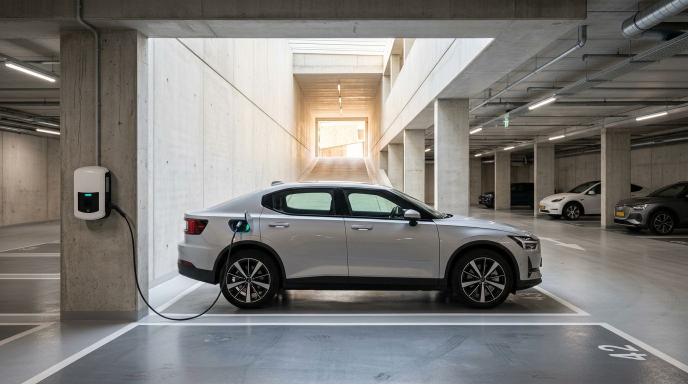 Elektrische laadpaal in parkeergarage van vastgoedcomplex voor ERE-certificaat aanvraag