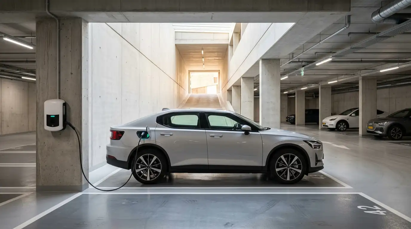 Elektrische laadpaal in parkeergarage van vastgoedcomplex voor ERE-certificaat aanvraag