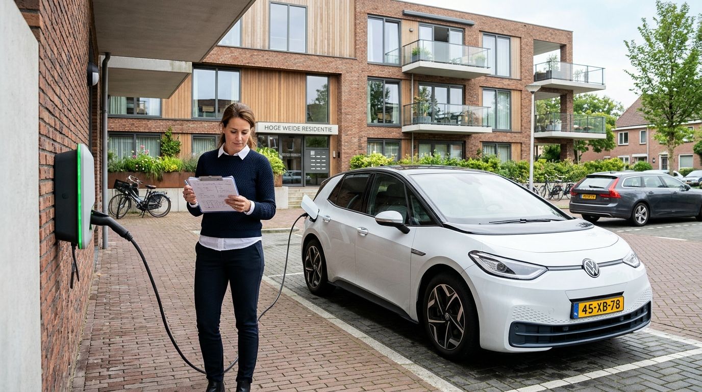 Vastgoedbeheerder bij laadpaal controleert documenten voor het aanvragen van ERE-certificaten