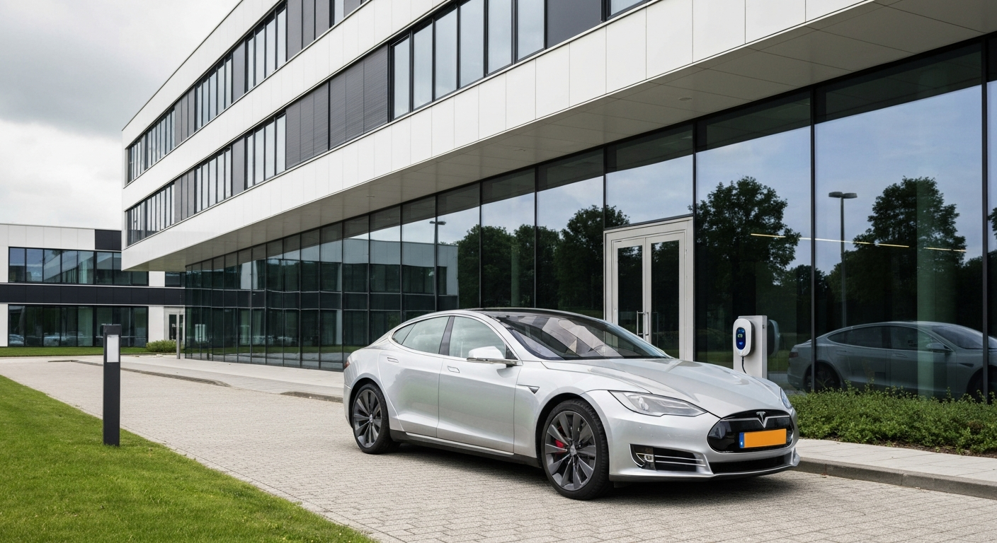 Elektrische auto laadt op bij een laadpaal voor een modern Nederlands kantoorgebouw met glazen gevel