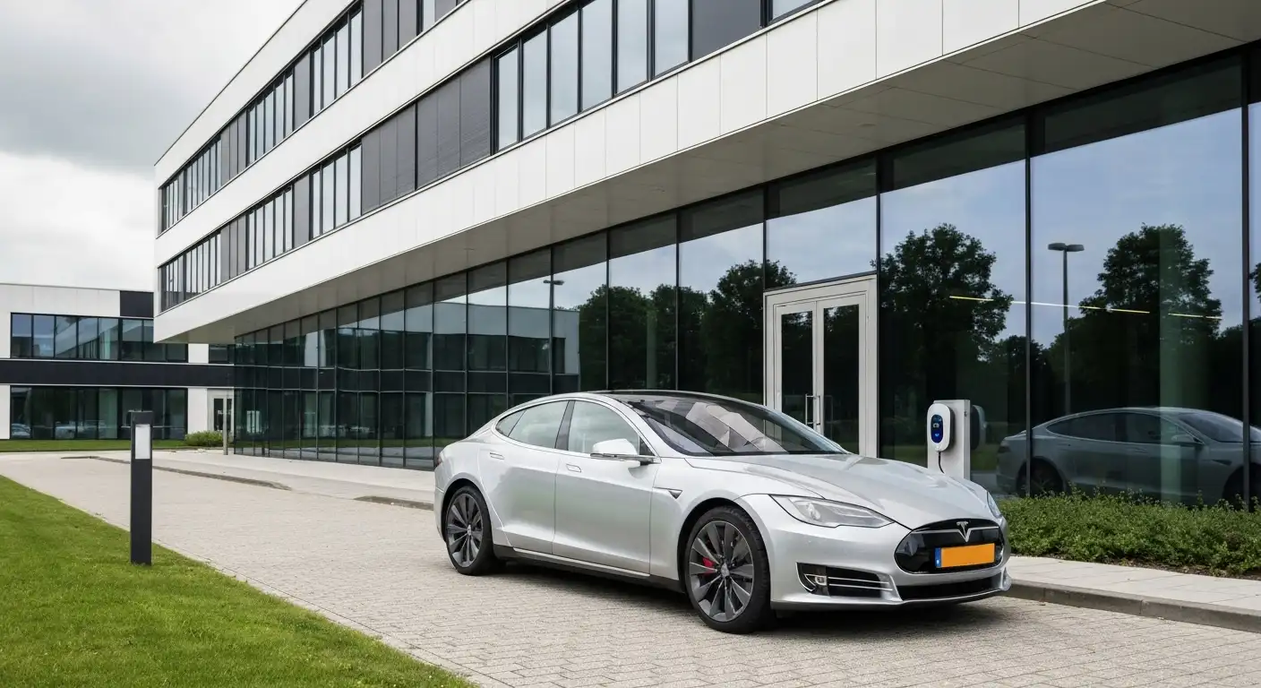 Elektrische auto laadt op bij een laadpaal voor een modern Nederlands kantoorgebouw met glazen gevel
