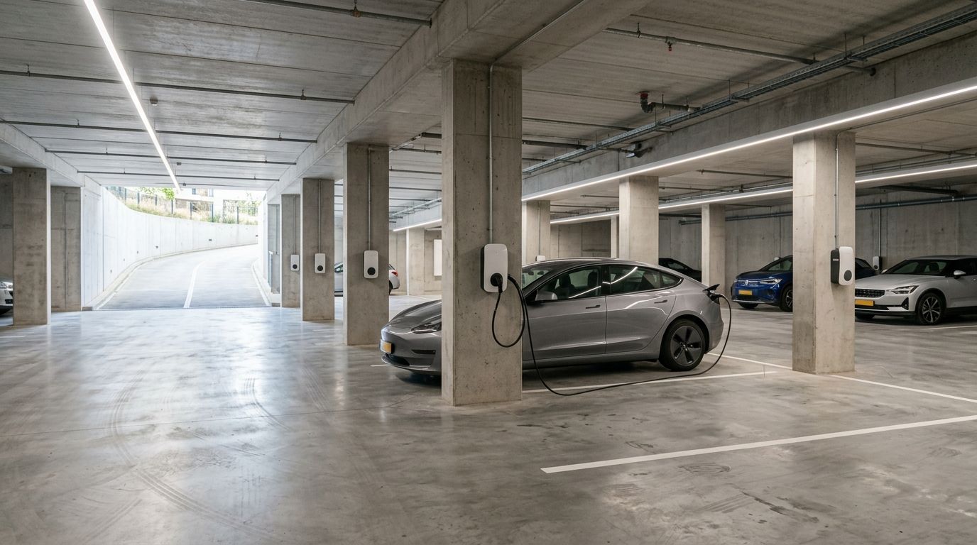 Elektrische laadpalen in parkeergarage van appartementengebouw, relevant voor ERE-certificaten en laadinfrastructuur