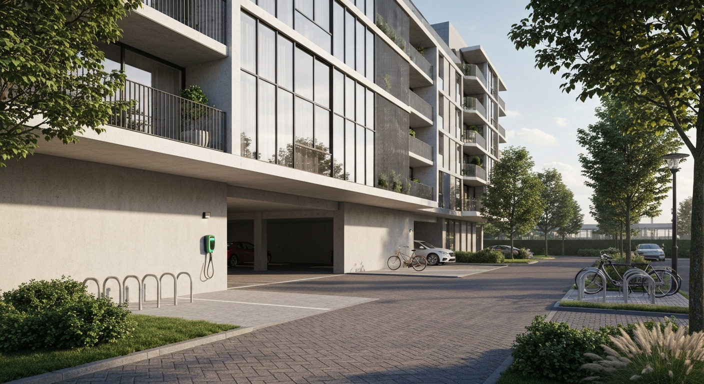 Laadpalen bij huurwoningen van een woningcorporatie op een parkeerterrein naast een appartementengebouw