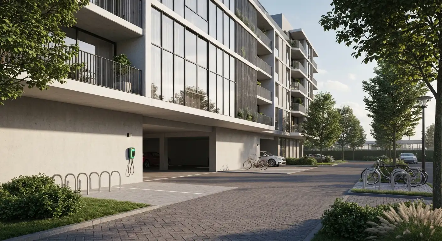 Laadpalen bij huurwoningen van een woningcorporatie op een parkeerterrein naast een appartementengebouw