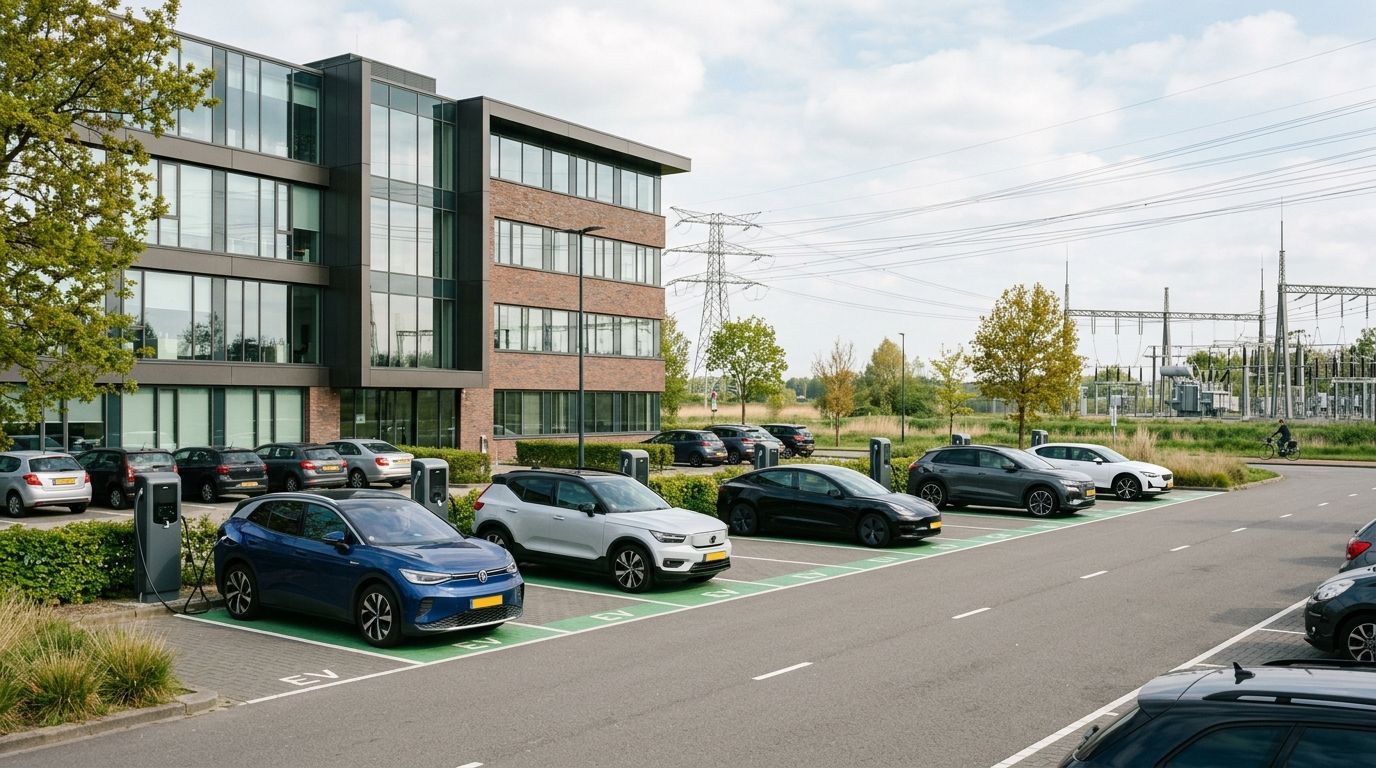 Laadpalen op bedrijfsparkeerplaats bij kantoorpand met elektrische auto's, in de context van kosten laadpaal voor bedrijven en netcongestie