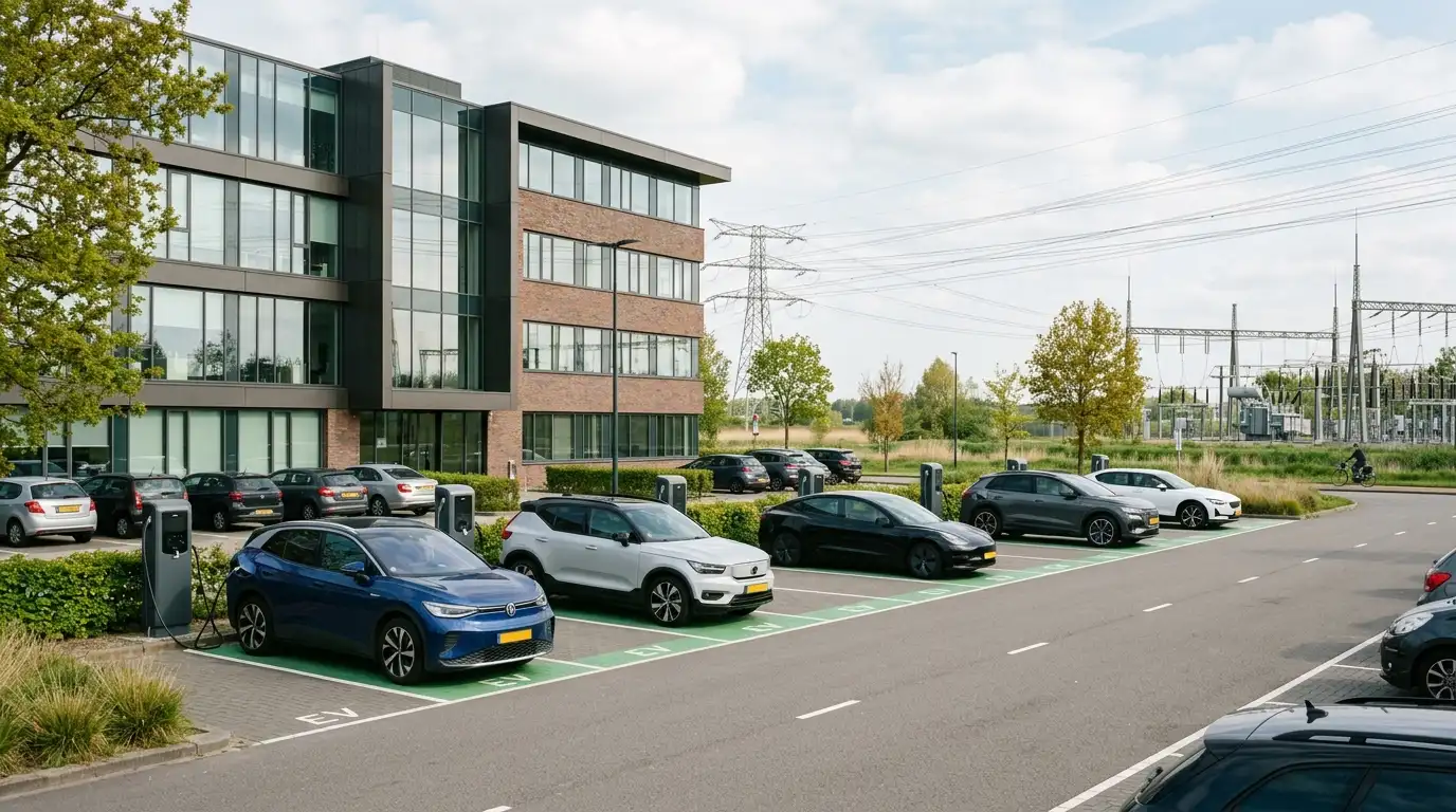 Laadpalen op bedrijfsparkeerplaats bij kantoorpand met elektrische auto's, in de context van kosten laadpaal voor bedrijven en netcongestie