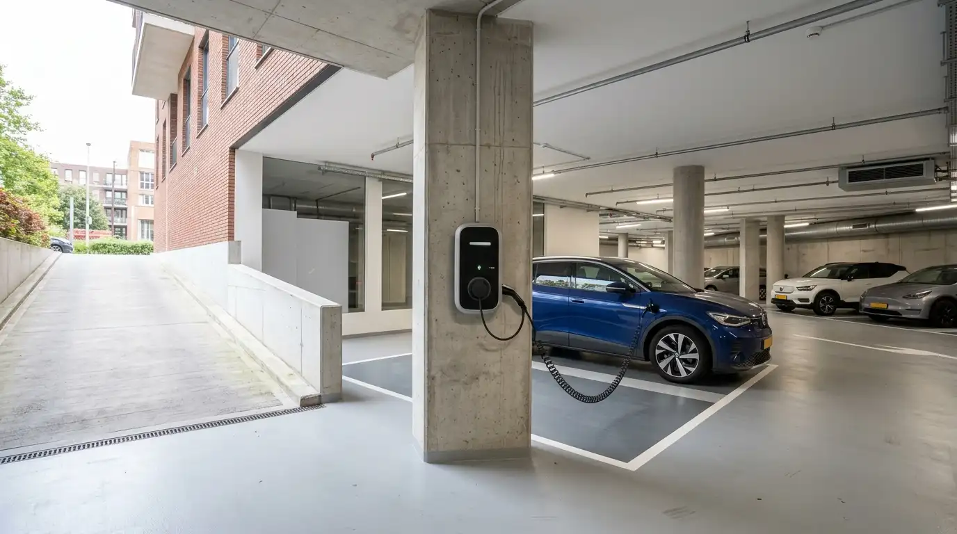 Laadpaal voor elektrische auto in parkeergarage van appartementencomplex, relevant voor kosten laadpaal en nettarieven voor vastgoedeigenaren