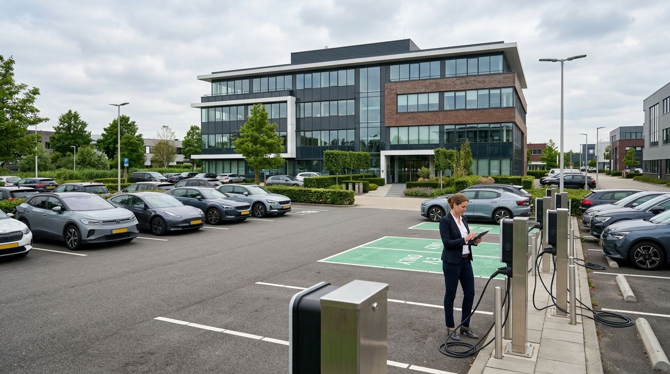 Laadpalen op parkeerterrein bij kantoorpand, voorbeeld van kosten laadpaal zakelijk voor vastgoedeigenaren
