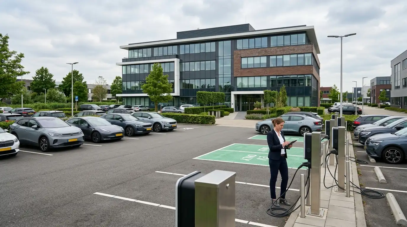 Laadpalen op parkeerterrein bij kantoorpand, voorbeeld van kosten laadpaal zakelijk voor vastgoedeigenaren