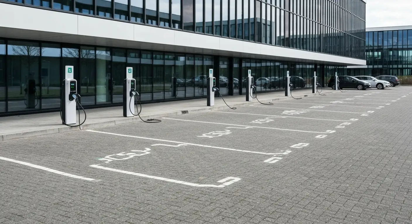 Laadstations voor elektrische auto's op de parkeerplaats bij een modern kantoorpand met glazen gevel