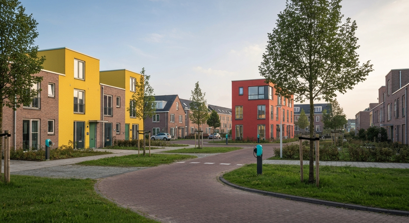 Laadpalen bij een woningcorporatie met parkeerplaats en modern appartementencomplex met bakstenen gevel