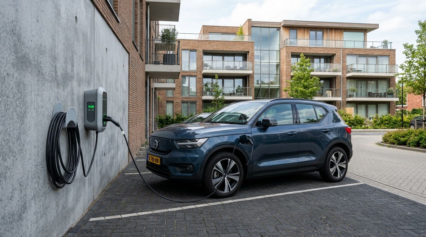 Laadpaal elektrische auto bij appartementencomplex voor netbewust laden op eigen terrein