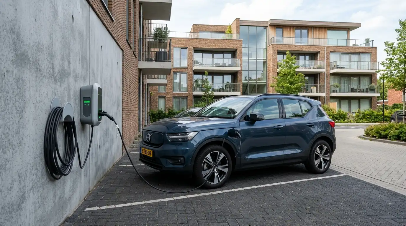 Laadpaal elektrische auto bij appartementencomplex voor netbewust laden op eigen terrein