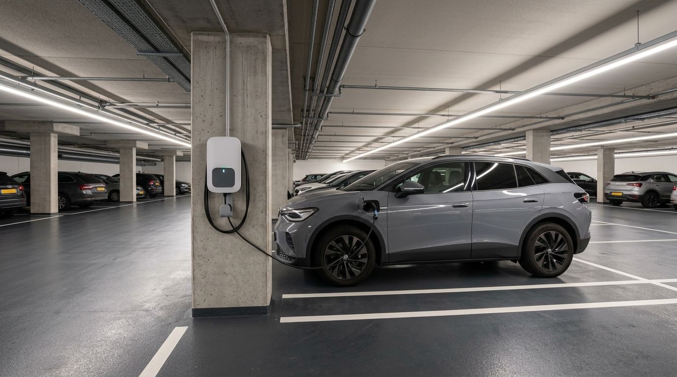 Laadpaal in parkeergarage voor het veilig opladen van elektrische auto's volgens regelgeving