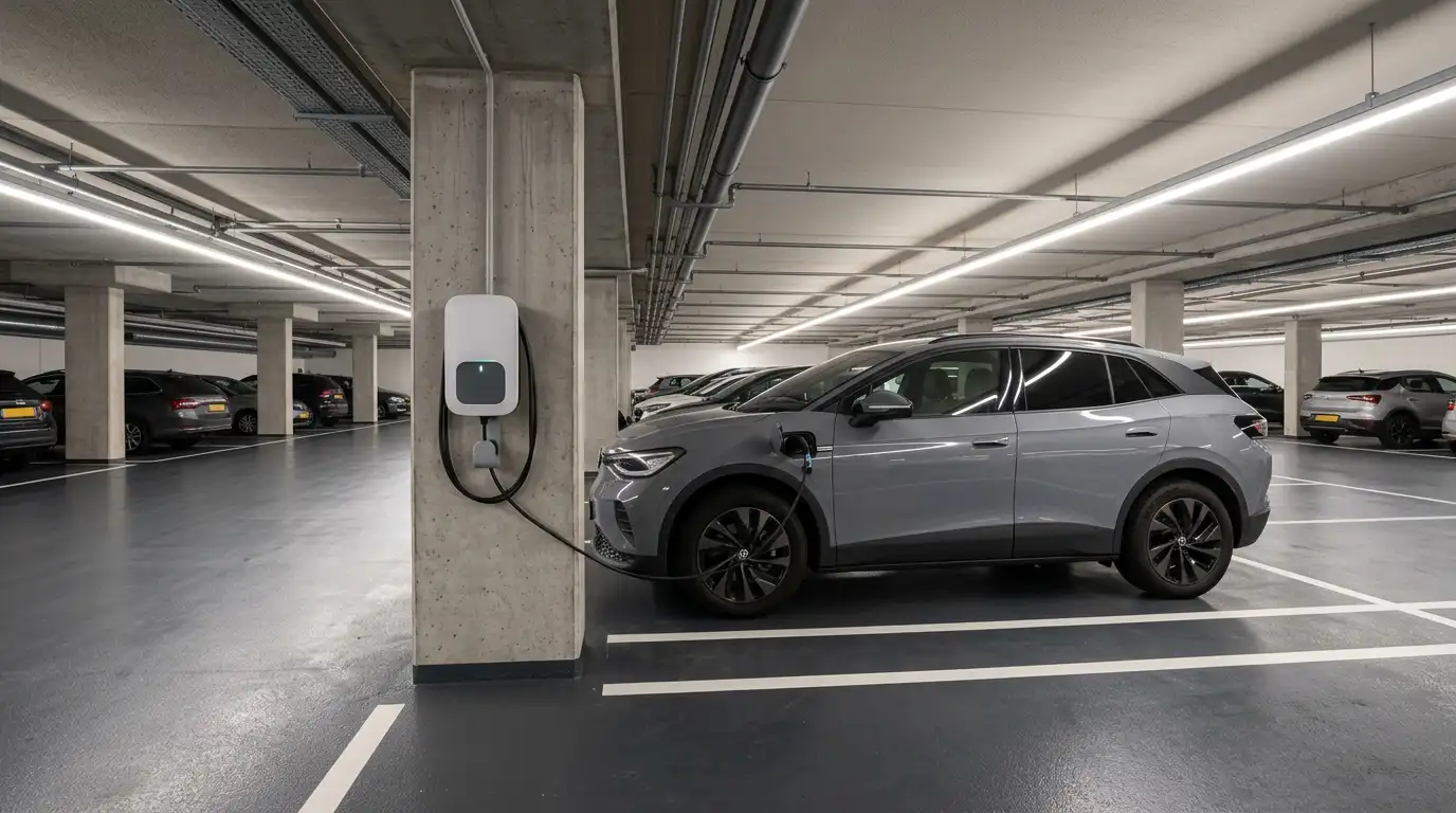Laadpaal in parkeergarage voor het veilig opladen van elektrische auto's volgens regelgeving