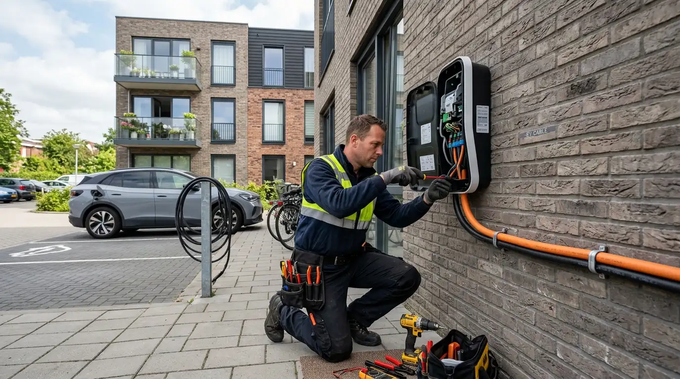 Elektricien installeert laadpaal aan gevel van appartementengebouw voor elektrische auto