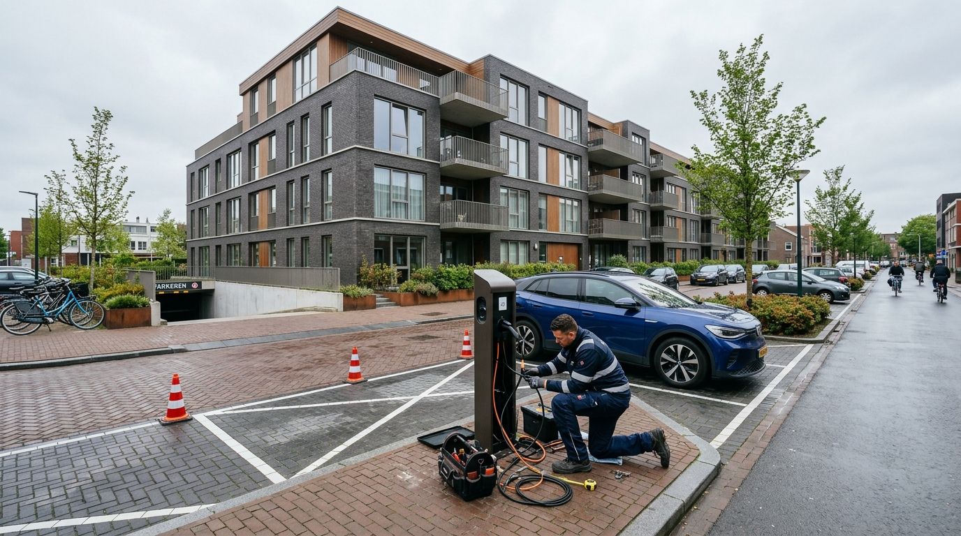 Monteur installeert laadpaal bij appartementencomplex, kosten laadpaal installeren voor vastgoedeigenaren