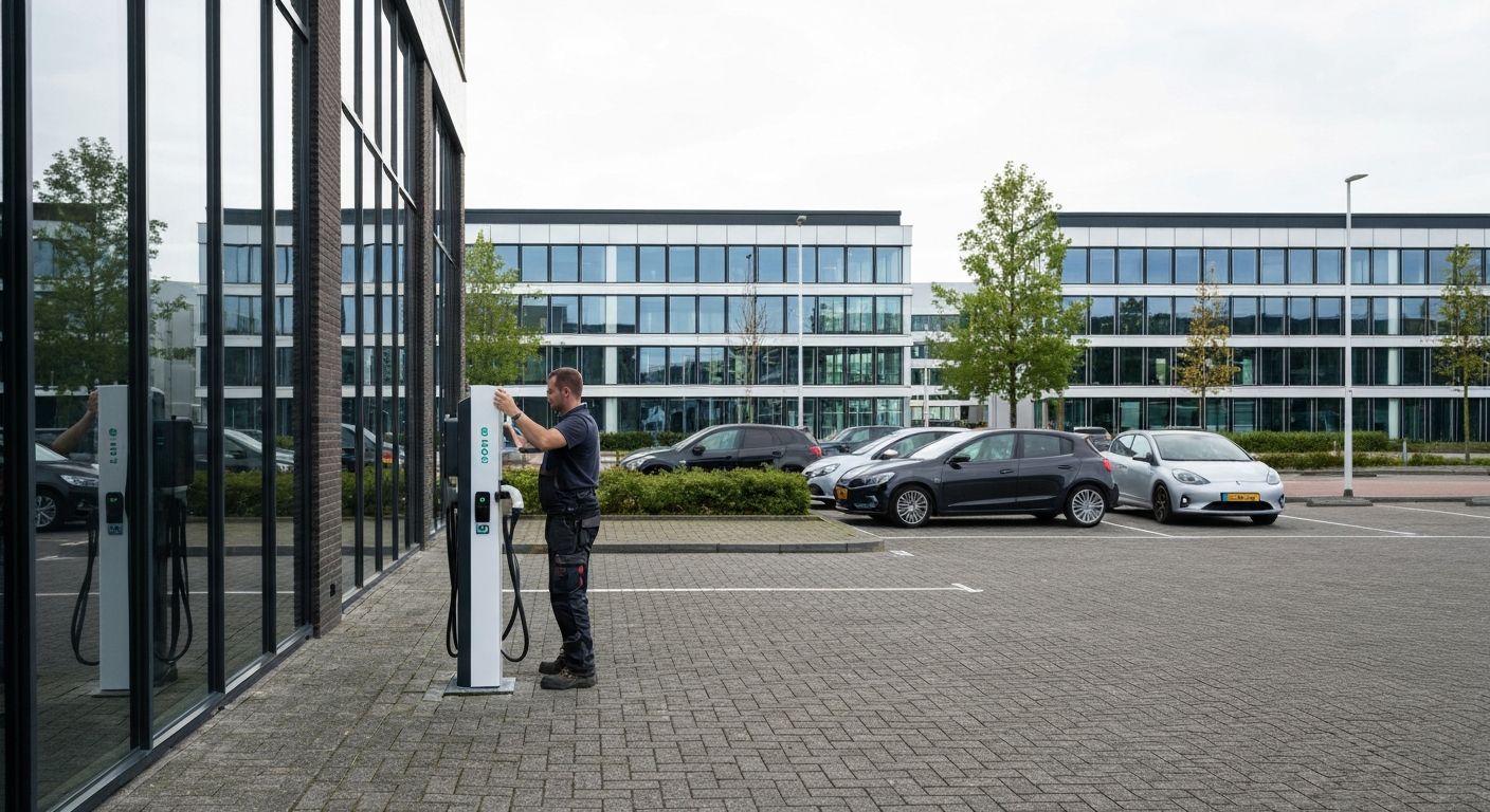 Technicus installeert laadpaal op bedrijfsparkeerplaats bij modern kantoorpand met elektrische auto's