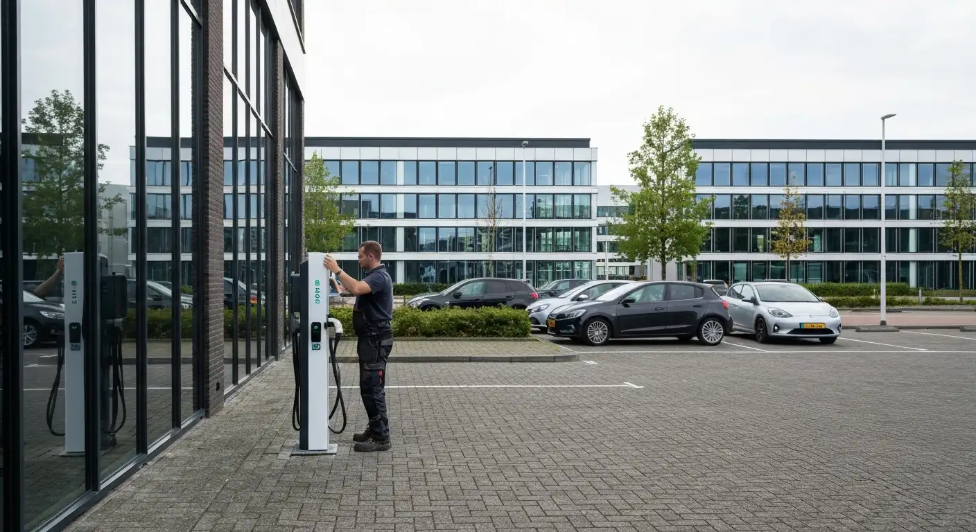 Technicus installeert laadpaal op bedrijfsparkeerplaats bij modern kantoorpand met elektrische auto's