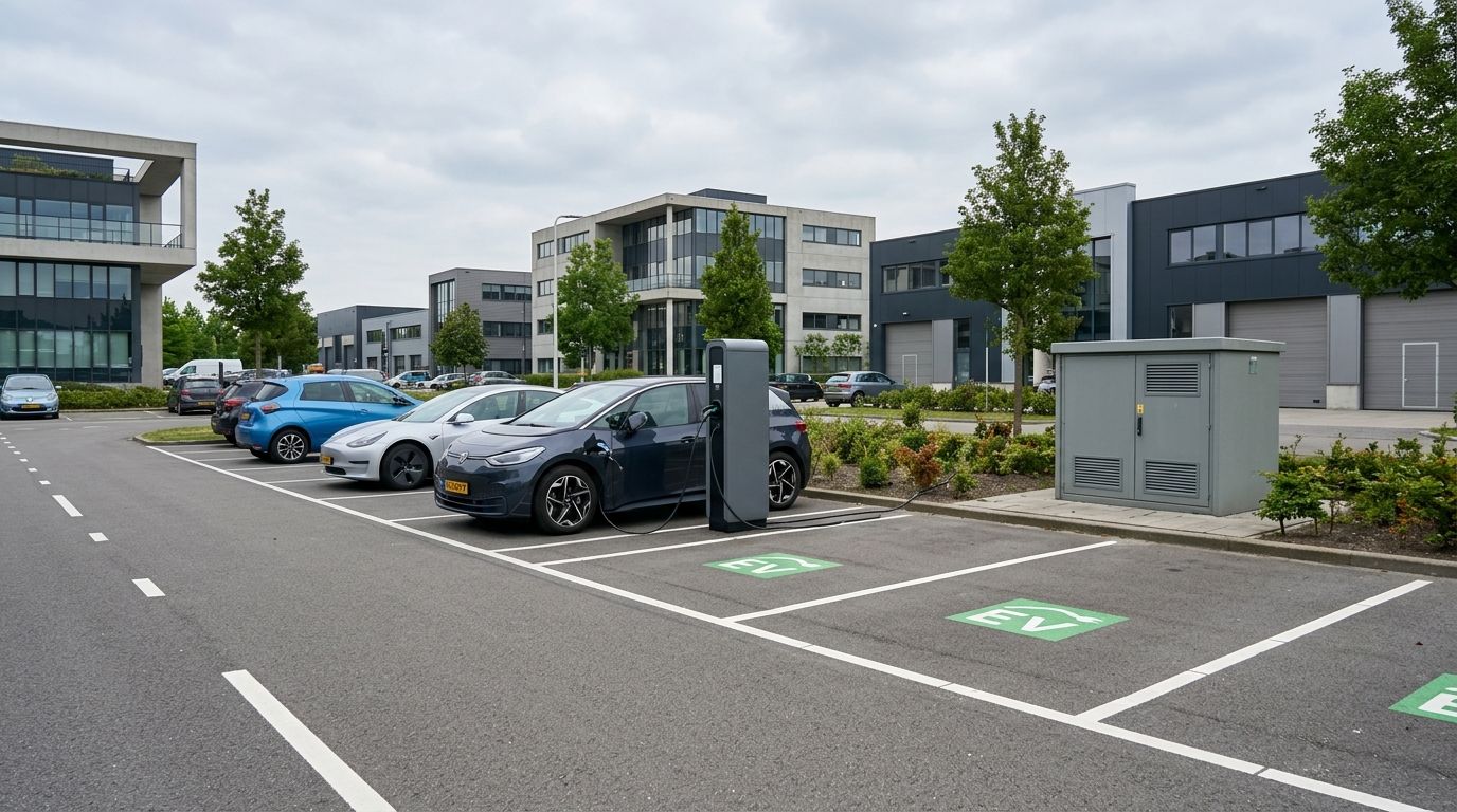 Laadpaal op bedrijventerrein bij moderne bedrijfspanden met elektrische auto's en netaansluiting