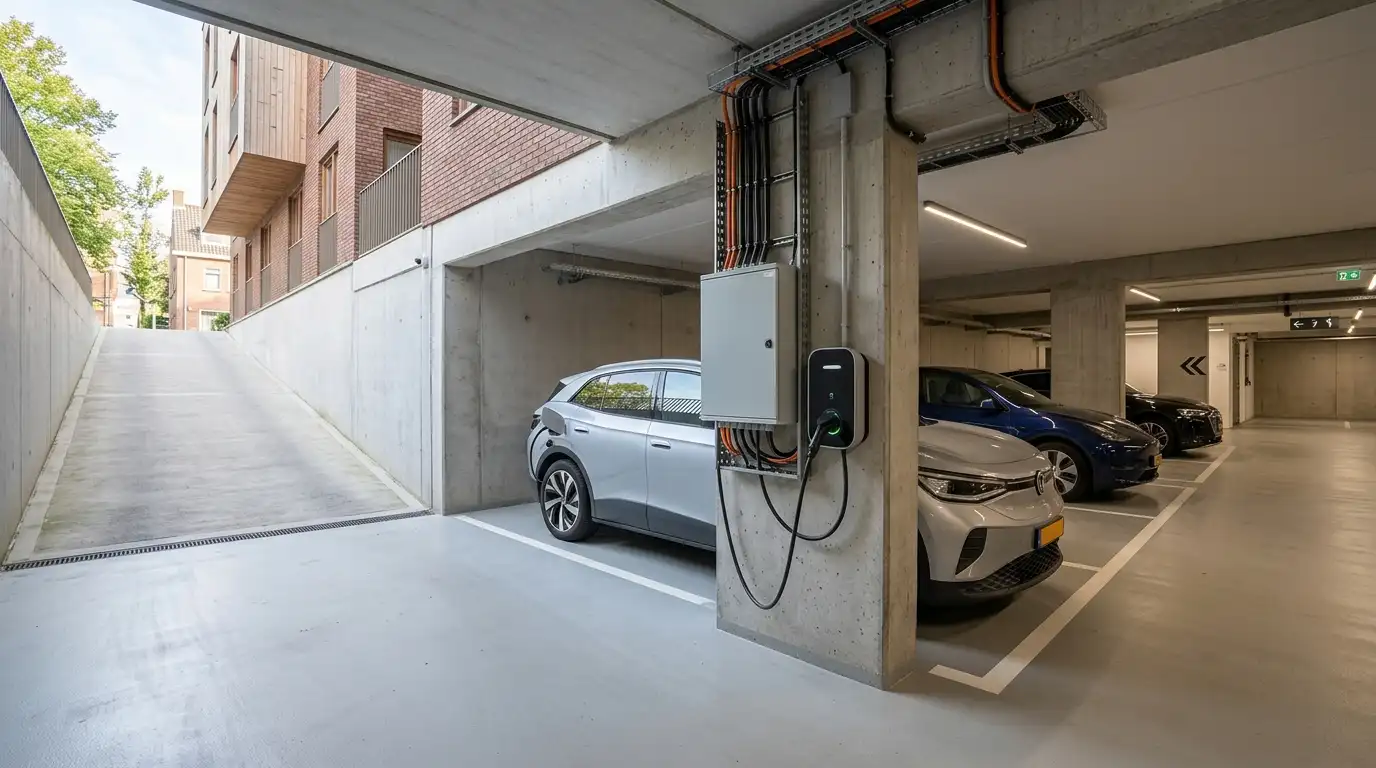 Laadpaal plaatsen bij elektrische auto in parkeergarage van appartementengebouw zonder netverzwaring