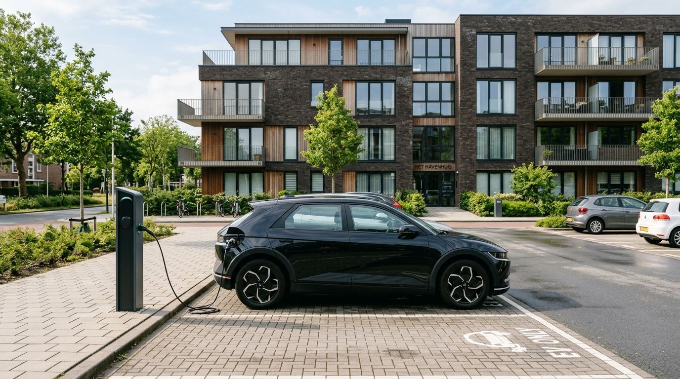 Laadpaal bij appartementengebouw waar elektrische auto oplaadt, relevant voor laadpaal terugverdienen en opbrengsten per kWh