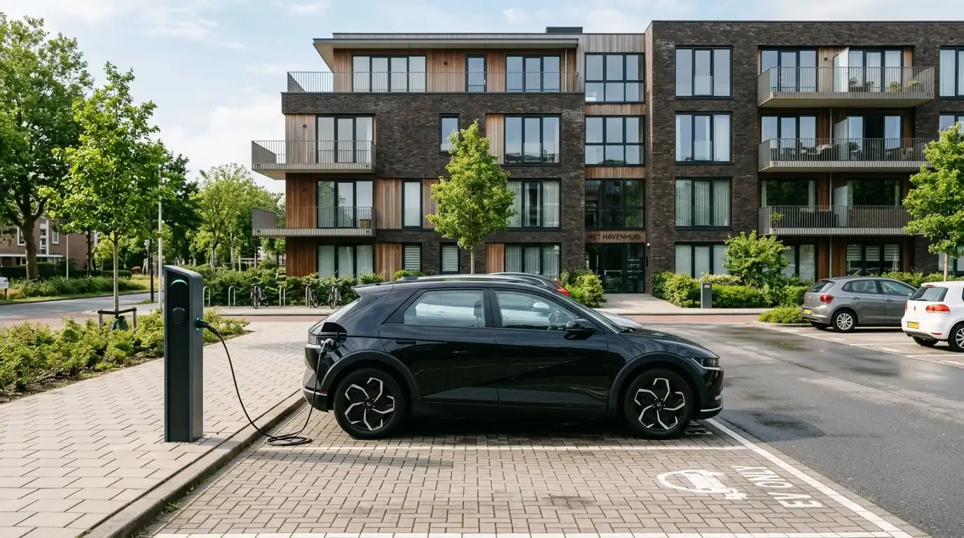 Laadpaal bij appartementengebouw waar elektrische auto oplaadt, relevant voor laadpaal terugverdienen en opbrengsten per kWh