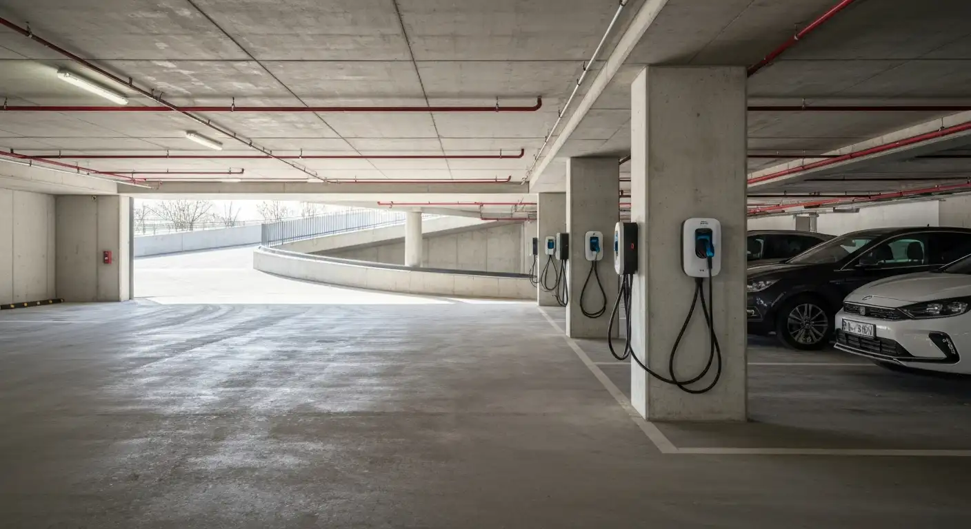 Laadpalen voor elektrische auto's in ondergrondse parkeergarage van een bedrijfsgebouw, verplicht volgens EPBD IV-regelgeving